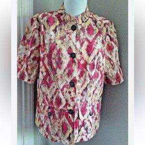 Chicos Sz 3 - XL Colorful watercolor batik Patterned Button-Up linen jacket